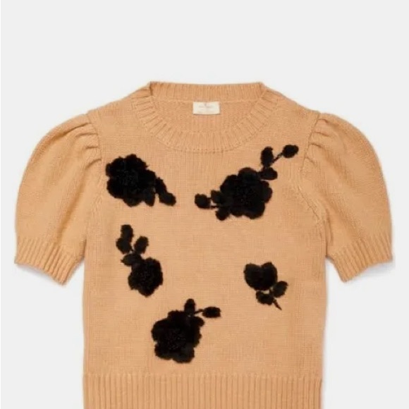 Kate Spade Knit Sweater, Crewneck Puff Shoulder Rib Trim Tan Black XS, NWOT - Picture 2 of 5